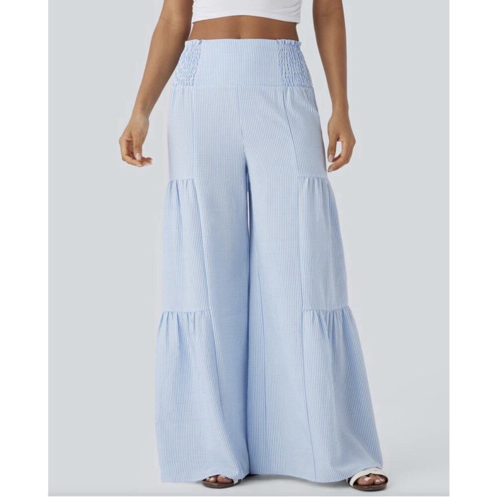 Halara High Waisted Tie Back Shirred Wide Leg Flowy Stripe Casual Pants S - Picture 2 of 8